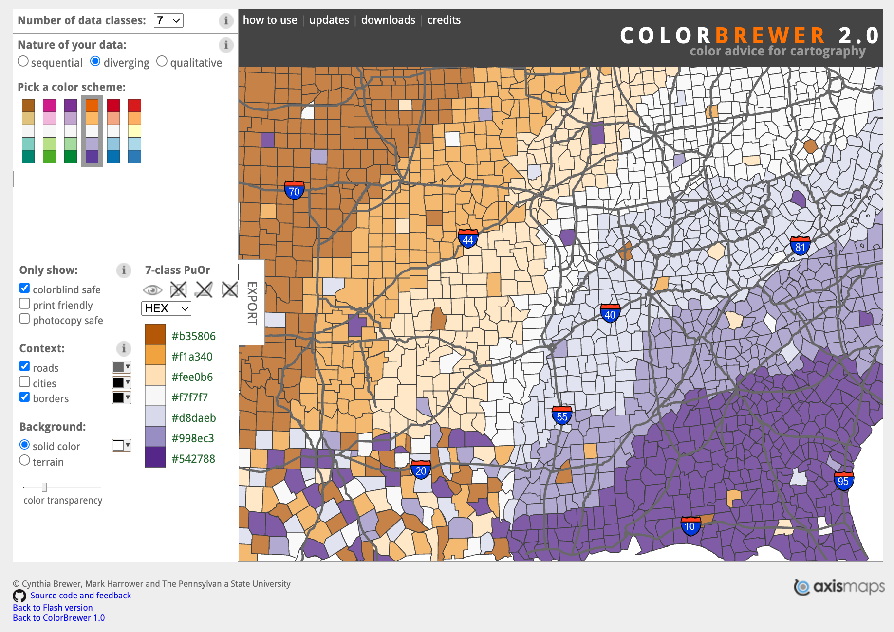 A screnshot of the online tool to test ColorBrewer palettes, which are designed to be used for map purposes. Thus, the tool showcases the colors on a map showing an area in the Southeast of the US.
