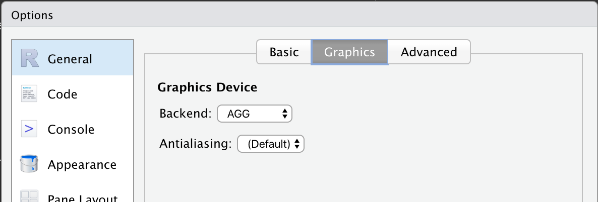 How to set the AGG device as the default in RStudio via Global Options > > General > Graphics > Backend.
