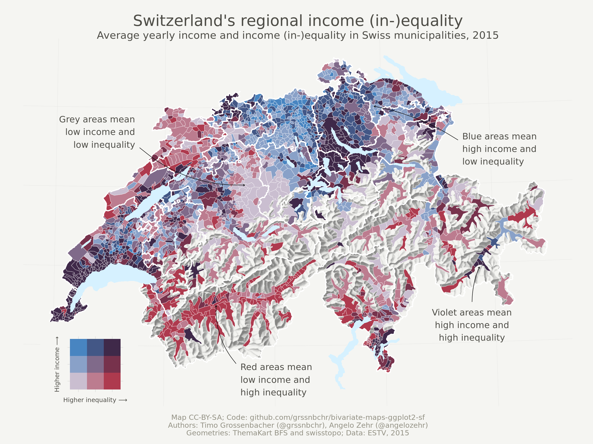 A spatial map of income and inequality shown with a bivariate color palette; alpine regions have a hillshading effect.