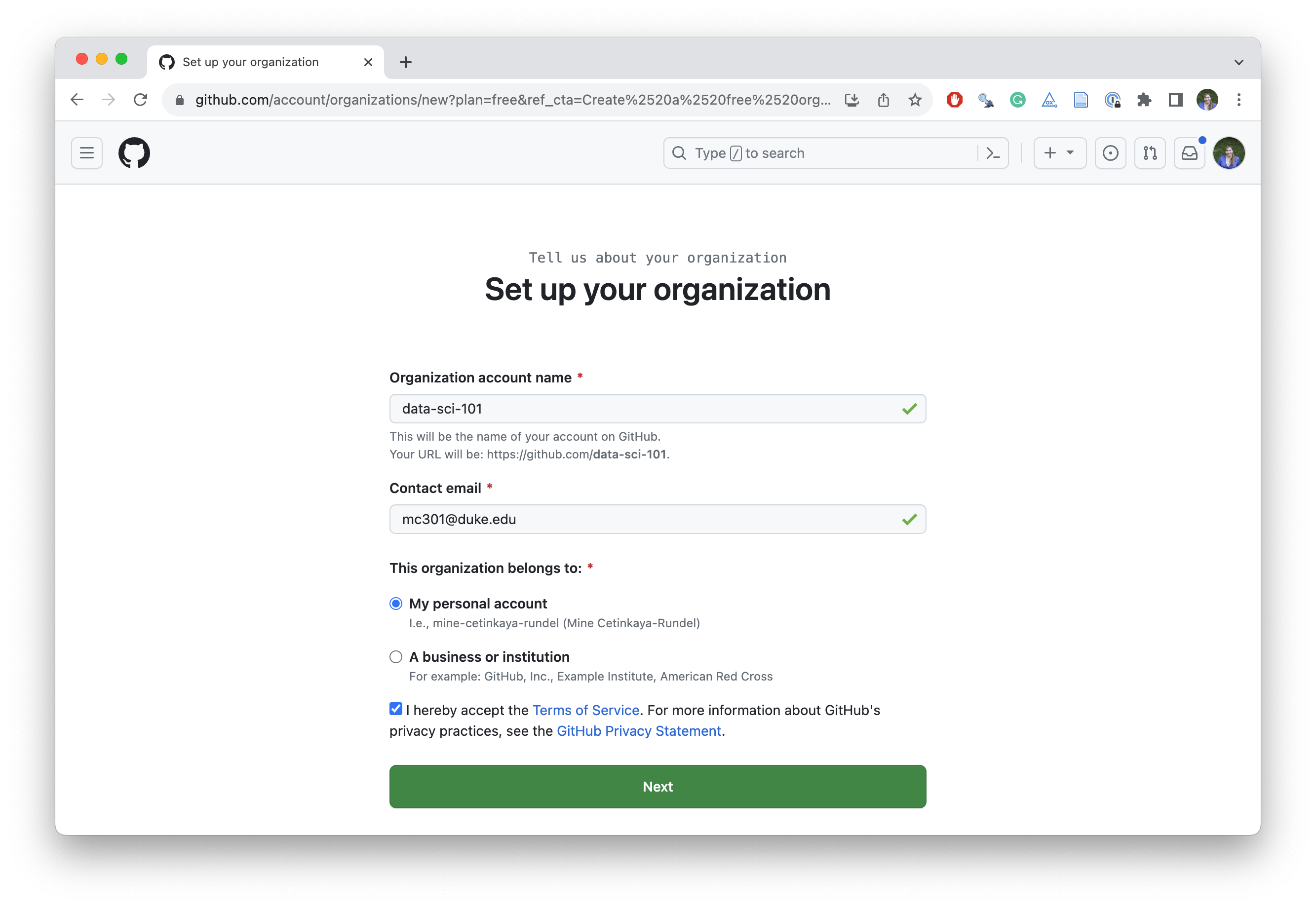 Screenshot of page to create GitHub organization.
