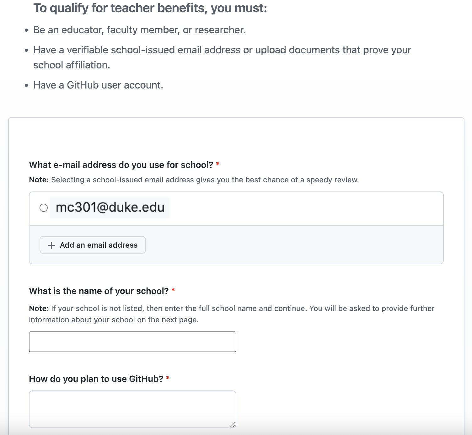 Screenshot of GitHub teacher benefits application.